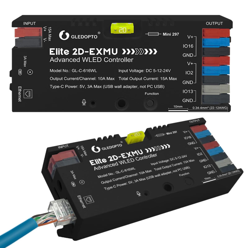 GLEDOPTO ESP32 WLED Controller with Ethernet Music Response UART 20A Plug Fuse LED Controller for WS2811 WS2812 SK6812 WS2815 Digital Addressable RGB IC Strip Light (616WL) 616WL