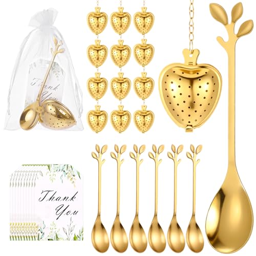 25 Sets Bridal Shower Tea Party Favor for Guests Heart Shape Infuser Ball Leaf Tea Spoon for Loose Teas with Thank You Cards Organza Bag Wedding Souvenir Teas Party Decorations (Gold)
