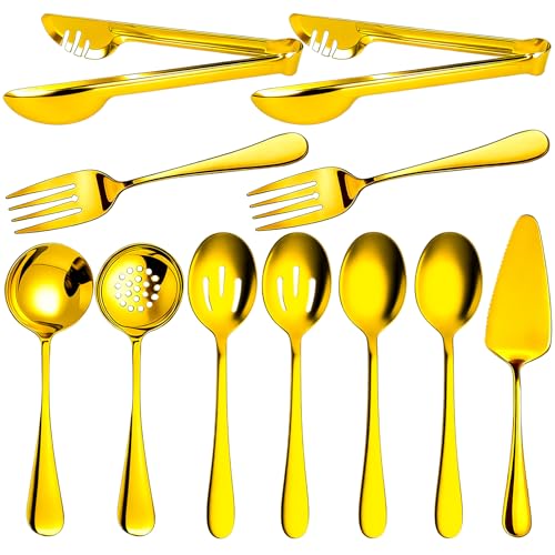 11 PCS Serving Utensils Stainless Steel Large Serving Utensils Set Spoons, Slotted Spoons, Forks, Tongs, Soup Ladle and Cake Server for Buffet Party Catering Gold