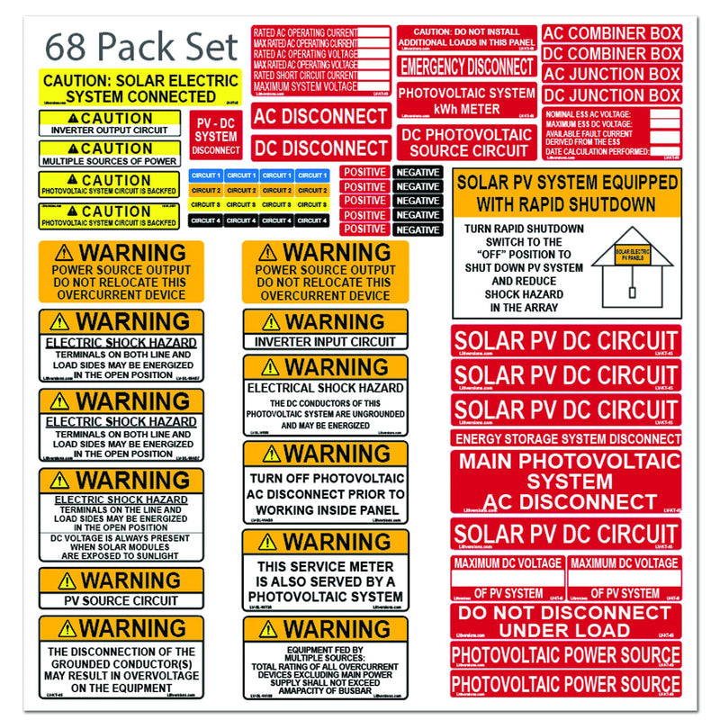 68 Pack 2017/2020/2023 NEC Code Compliant Photovoltaic Solar System Label Kit Electrical Panel Safety Stickers Outdoor Rated Laminated Strong Adhesive Waterproof Basic Kit 1 Pack