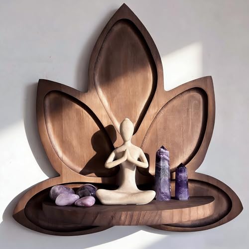 Small Carved Lotus Flower Decorative Wooden Floating Wall Shelf, Boho Zen Spiritual Home Decor for Yoga & Meditation Space Walnut