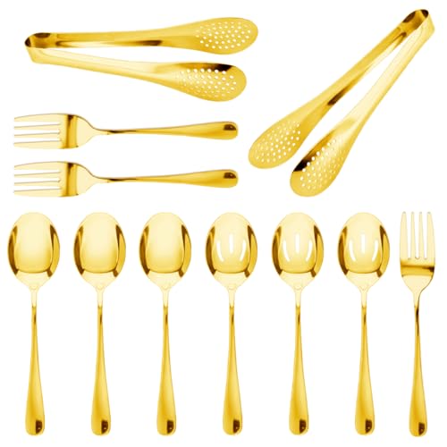 11PCS Stainless Steel Serving Utensils Set Large Slotted Spoons Food Tongs Serving Spoons Forks Multi-Purpose Gold Flatware for Buffet Dinner Party Catering Kitchen Entertaining (Gold)