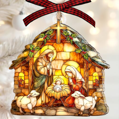 Nativity Ornaments - Religious Christmas Ornaments - Nativity Scene Ornament for Christmas Tree - Christian Gifts for Women, Baby Jesus - Hanging Faux Faux Stained Glass 2025 Nativity Ornament 2025