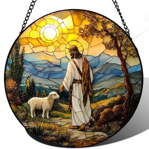 Stained Glass Jesus Suncatcher - 7.9" Real Glass Good Shepherd & Lamb Mountain Window Hanging, Weatherproof Christian Religious Decor, Sympathy Easter Memorial Gift for Mom Women Ivory