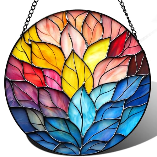 Stained Glass Lotus Suncatcher - 7.9" Real Glass Rainbow Leaf Window Hanging, Weatherproof Boho Zen Decor, Chakra Healing Yoga Meditation Gift for Mom Women Spiritual Friends Ivory