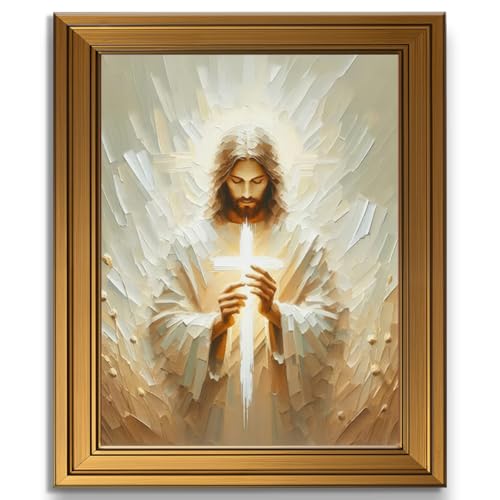 Golden Framed Jesus Wall Art Christian Canvas Painting Jesus Holding Cross Religious Wall Decor Cross Poster Prints Stripe Painting Picture for Living Room Bedroom Church Home Decoration 12x16 Inch white-poster 12"L x 16"W