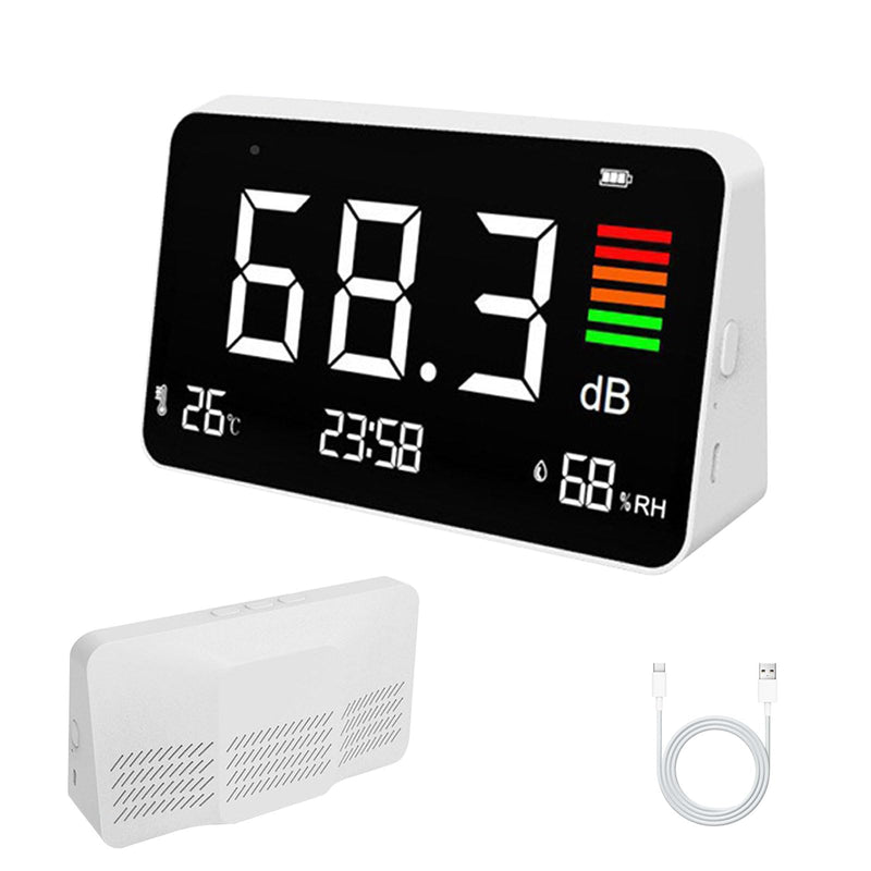 4-in-1 Decibel Meter, DB Meter with LED Display, Sound Level Meter 30-130dB Noise, Time, Temperature & Humidity Meter, Decibel Meter for Home, Classroom, Office, Library