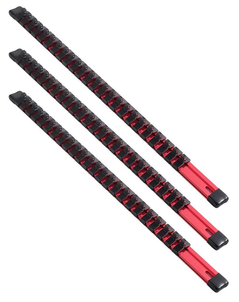 ALOANES 3-Piece 1/4-Inch Drive Aluminum Alloy Socket Rail Organizer, Heavy Duty Socket Racks, Socket Holder Kit for Toolbox Drawer Fit 1/4-Inch x 72 Clips (Red) 3PC, 1/4-inch Drive Red
