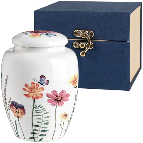 Small Keepsake Sharing Urn – Ceramic Cremation Urn for Human or Pet Ashes – Hand-Drawn Flowers Small Memorial Token Urn with Precious Gift Box Perfect Tribute & Gift for Families