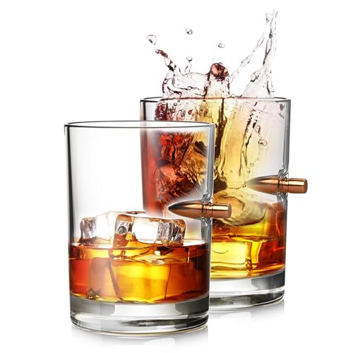 Bullet Glass Whiskey Glasses 308 Bullets Cup Scotch Bourbon 9.5 OZ Set of 2 Embedded Bullet