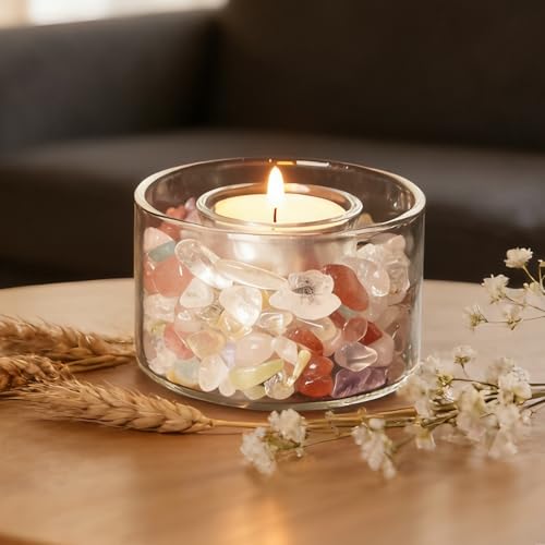 Tea Light Holder with Chakra Healing Crystals Stones Meditation Candle Holders Set Spiritual Gifts for Women Birthday Stress Relief Yoga Bath Reiki Energy(Tealight Holder No Candle Included)