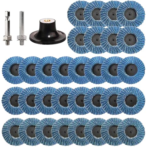 Pack of 32 Flap Discs 50 mm for Drill, 2 Inch Sanding Discs Grit 40/60/80/120 Zirconia Corundum Grinding Disc with 6.35 mm Adapter for Metal Wood Steel Fast