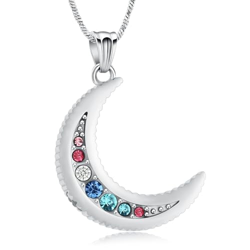 Yinplsmemory Cremation Jewelry Crescent Moon Urn Ashes Necklace for Women Men Memorial Human Pet Ashes Holder Pendant Necklace Rainbow