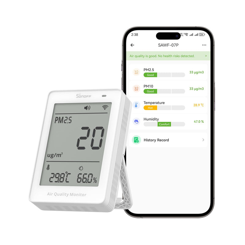 SONOFF Smart Indoor Air Quality Monitor with PM2.5, PM10, Temperature & Humidity Sensor, Real-Time Display & Alarm, Matter-Compatible, 2.4GHz WiFi, 3.73-inch Screen, for Bedroom, Nusery Room