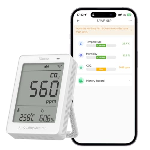SONOFF AirGuard CO2 SAWF-08P indoor air quality monitor with CO2, temperature, humidity display