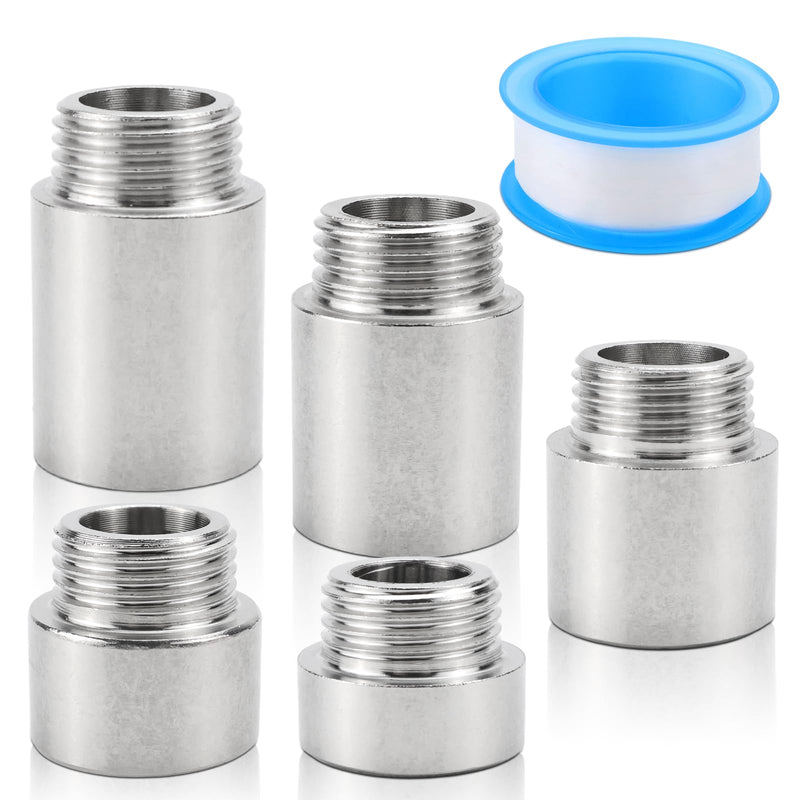 5 Piece Tap Extension 1/2 Inch, Tap Extension 10/15/20/25/30 mm, Stainless Steel Extension Fitting, Water Connection Extension, Thread Fitting for Taps, Corner Valves, Shower Heads
