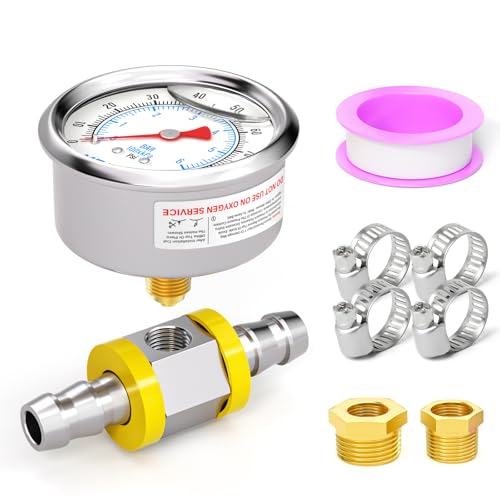 MEANLIN MEASURE 0~6BAR/90PSI Stainless Steel Glycerine Filled Fuel Pressure Gauge 1/8 Inch BSP 1.5 Inch Face Dial, with 1/2 Inch Fuel Line Pressure Adapter Liquid Filled Pressure Gauge (9 Pieces Kit Rear mounted (1/2 inch fuel line)