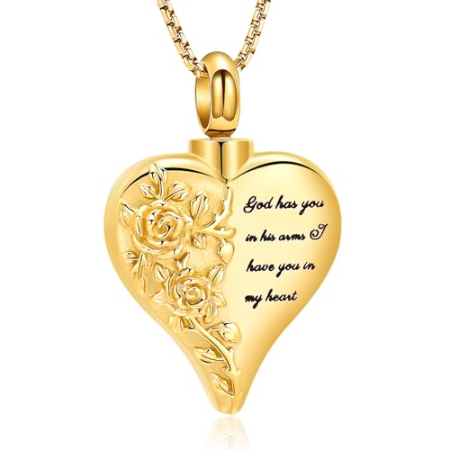 Oinsi Heart Urn Necklace Cremation Jewelry for Ashes Rose Flower Love Heart Ashes Keepsake for Women Men Pendant Memorial Locket Ash Holder Gold