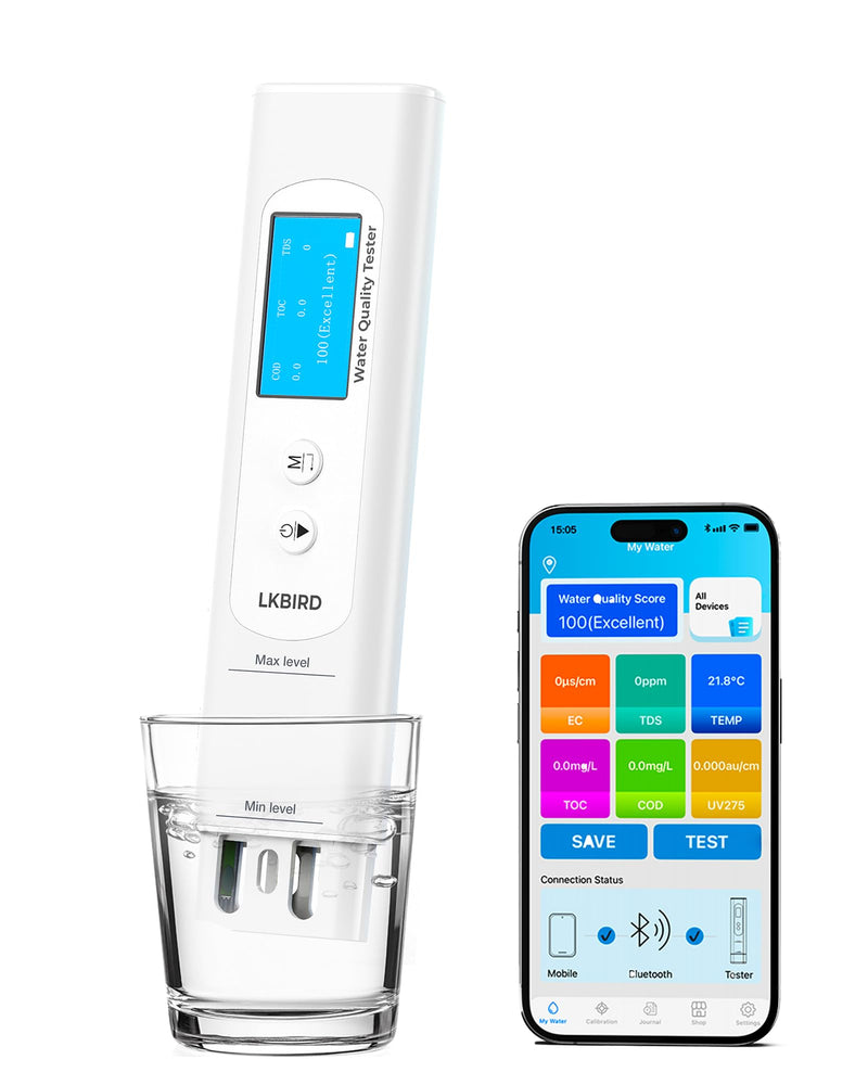 6-in-1 Smart Water Tester for Drinking Water with APP Monitoring, Digital Water Testing Kit for TDS Meter, EC, Temp, TOC, COD, UV275, Professional Water Tester for Home, Well, Tap & Outdoor. 6in1 water tester