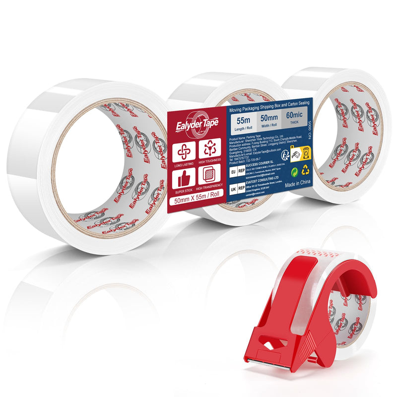 Transparent Packing Tape 2 inch x 60 Yards, 3 Rolls with Dispenser – Clear Heavy-Duty Parcel Tape for Secure Packaging, Total 180 Yards Clear, 3 Rolls - 2In x 60Yd