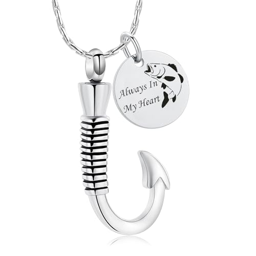 constantlife Cremation Jewelry for Ashes Urn Memorial Necklace Fish Hook Design Stainless Steel Pendant Keepsake Ashes Holder Always In My Heart-Silver