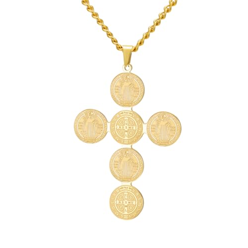LIKGREAT Saint Benedict Cross Medal Necklace for Men Women Stainless Steel Exorcism Medal Ward Off Evil Amulet Religious Protection Jewelry 1-Gold