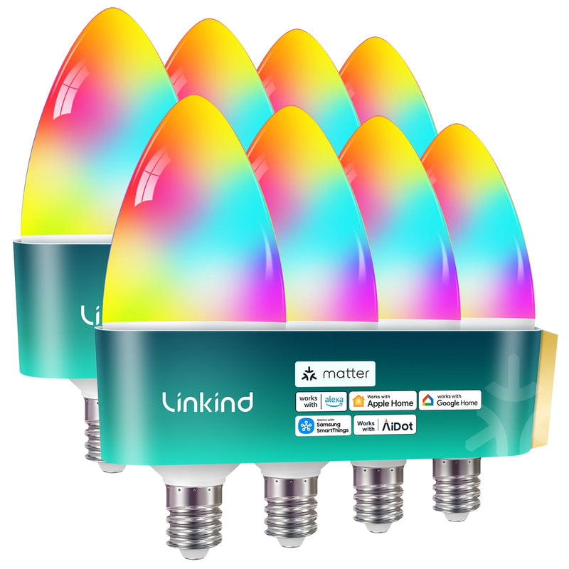 Linkind Matter Smart Light Bulbs, E12 Led Bulb Compatible with Alexa, 500LM Smart Bulbs for Chandelier, Color Changing RGBTW Candelabra Bulbs, 2.4Ghz WiFi Only, 8 Pack