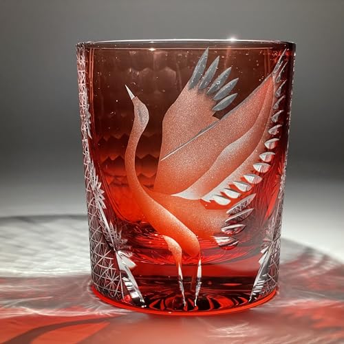 suigetsu Edo Kiriko Crystal Whiskey Glass, Hand-Cut Eagle Design, Blue Tinted Glass, Traditional Japanese Style, Luxury Cocktail Tumbler (Red crane) Red crane