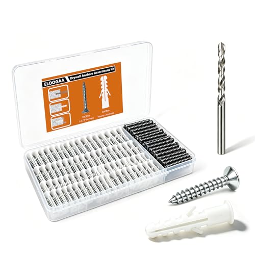 Eloogaa 200-piece drywall anchors and screws kit with ribbed plastic anchors, screws, and drill bit