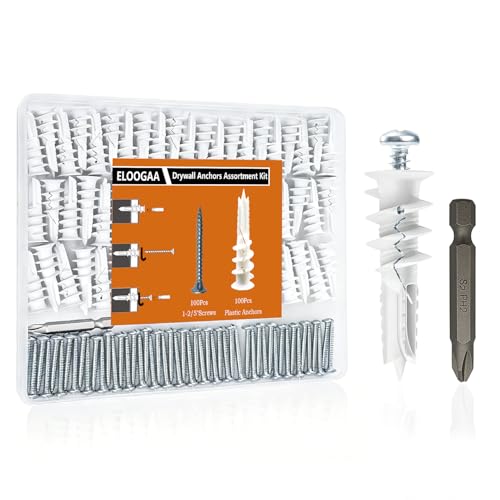 200Pcs Drywall Anchors and Screws Kit, 100Pcs Self-Drilling Plastic Wall Anchors with 100Pcs #8 Phillips Screws & PH2 Bit, Heavy Duty Anchors for Hanging Pictures, Shelves, Home Mounting 1.38 Inch