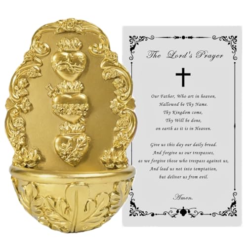 Holy Water Font Sacred Heart Catholic Decor - Holy Water Holder with Lord's Prayer Card Fuente De Agua Bendita for Wall, Altar, Home Entrance Gold