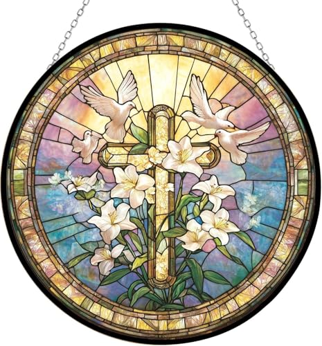 8 inch Cross Sun Catcher 2D Flat Acrylic Round Sign Jesus Cross Art Patterns Faux 3D Christianity Religious Pendant Plate,Home,Garden,Room,Church,Holy Week Easter Decor with Ring