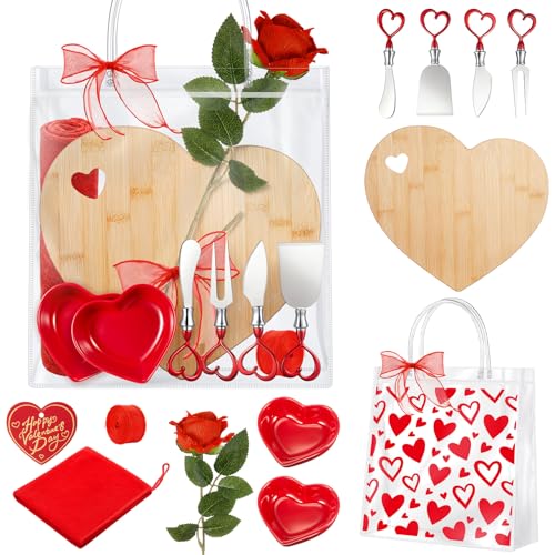 Acellegic 13 Pcs Heart Shaped Charcuterie Board Gift Set, 11 Inch Heart Cheese Board with Ceramic Bowls, Cheese Knives, Towel, Wedding Bridal Shower Engagement Gift for Bride, Newlyweds, Couples