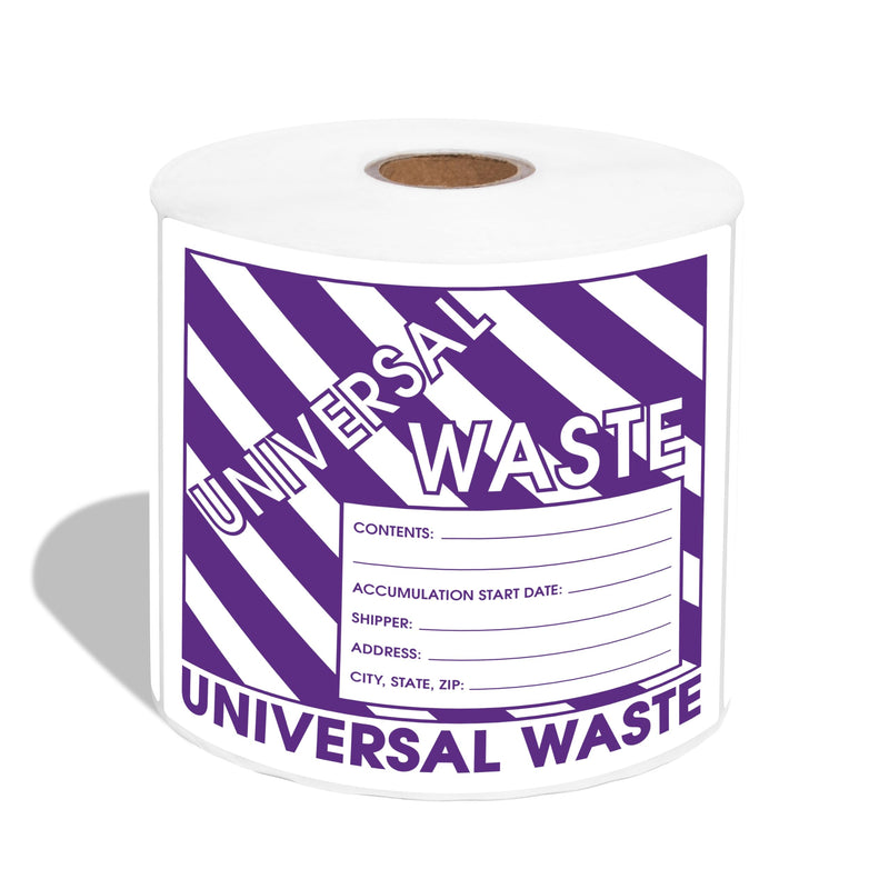 6" X 6" Universal Waste Labels with Writable Fields (500 Stickers, 1 Roll) Water-Resistant Shipping, Handling, and Disposal Labels with Permanent Adhesive - Aegis Adhesives Purple (Universal Waste)