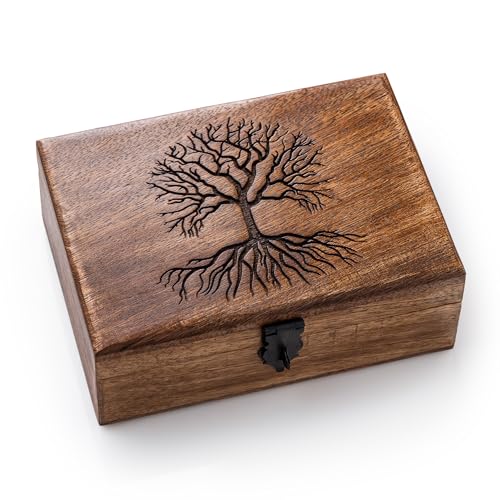 Handmade Mango Wood Tree of Life Jewelry Box, 7x5 inch Hand Carved Keepsake Box & Organizer, Unique Gift for Men & Women (Mystic Tree of Life) Mystic Tree of Life