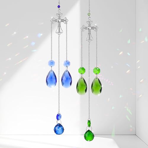 Cross Suncatcher, 16 Inch Blue Green Crystal Sun Catcher, Cross Gift for Religious, Christian Gifts, Easter Faith Home Decor Set of 2