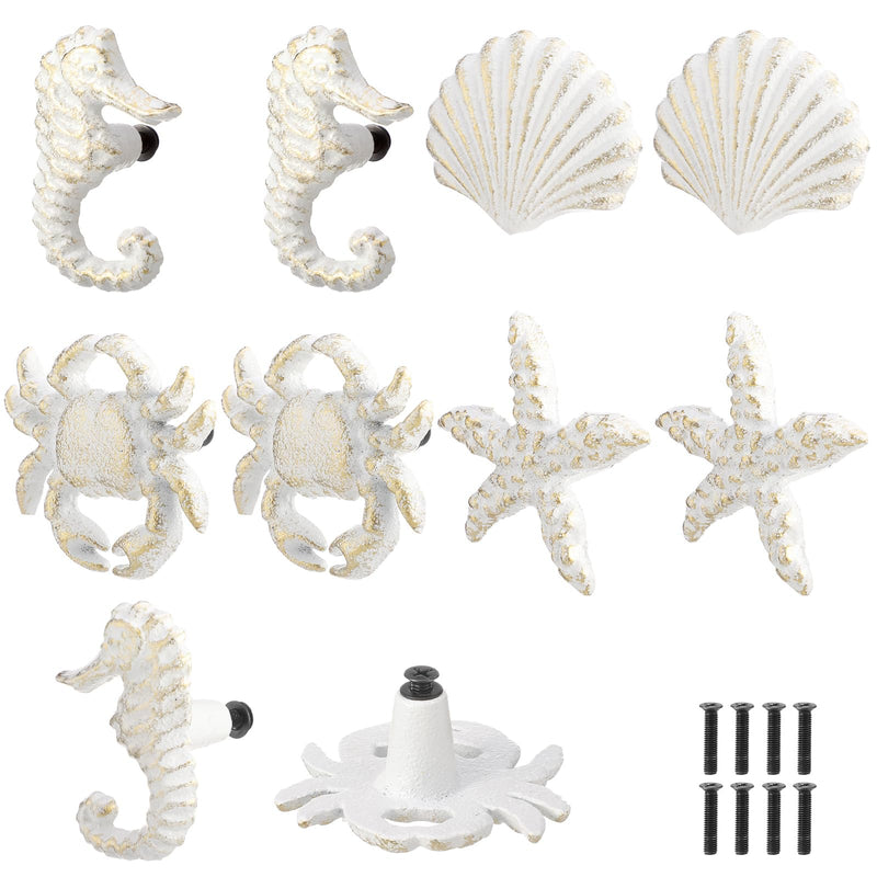 Zonon 8 Pcs Coastal Nautical Cabinet Knobs, Beach Ocean Themed Drawer Knobs, Starfish Seashell Seahorse Crab Cabinet Pulls & Handle, Metal Knob for Dresser Cupboard Wardrobe (White) White Gold Stylish Style