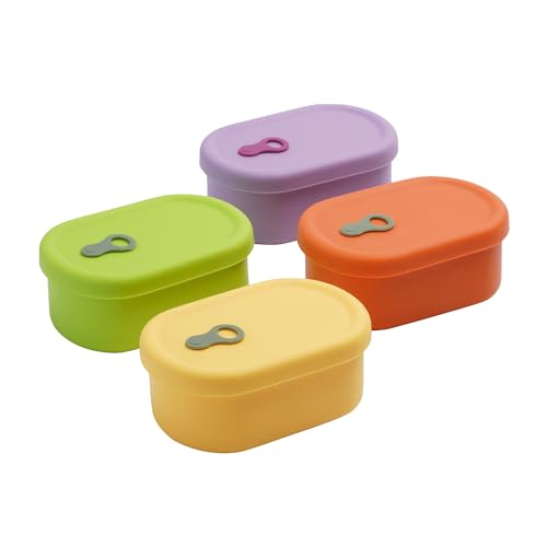 Colorful SIMVOLA Korean silicone food containers with steam vents, 12 fl oz capacity, 4-piece set for storing and reheating meals.
