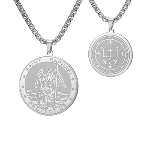 TEAMER Saint Raphael Necklace Archangel of Healing & Protection St. Raphael Pendant Necklace Amulet Religious Jewelry For Men Silver