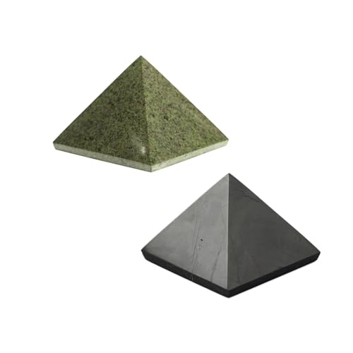 Karelian Heritage Shungite and Green Basalt Pyramid Set 2 Pack, Meditation Authentic Solid Stones, 2 Inch Polished Sacred Geometry Healing Crystals (Light Green) Light Green