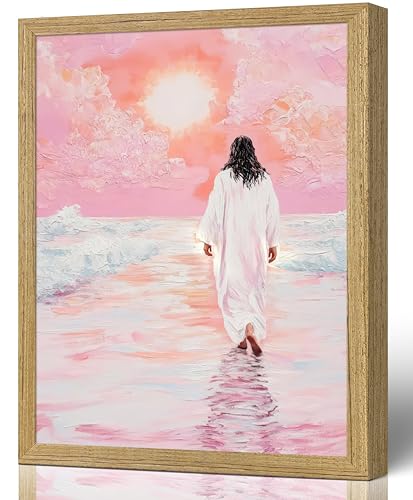 Framed Jesus Walking Water Canvas Wall Art 12x16 Inch Jesus Walking On Water Framed 16"L x 12"W