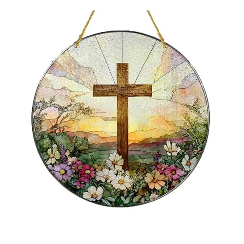 Stained Acrylic Suncatcher, Cross-Shaped Wooden Frame 7.8*7.8 IN