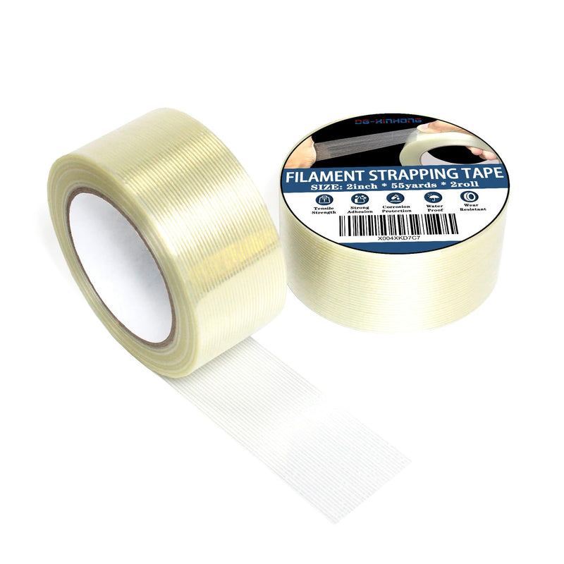 2 Rolls Filament Strapping Tape, 2'' x 55yds x 5.5mil Reinforced Fiberglass Heavy Duty Packing Strips,Resistant for Shipping Fixing and Protection,Sealing,Waterproof
