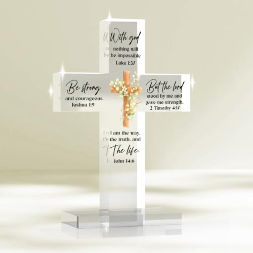 Christian Decor Religious Gifts For Women Motivation Desk Decor Inspirational Gifts Religious Acrylic Cross Sign for Home Office Living Room Tabletop With God Nothing Will Be Impossible