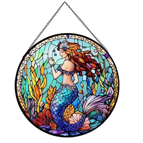 7.87in MermaidStained Glass Window Hanging Sun Catchers Glass Panel Mermaid