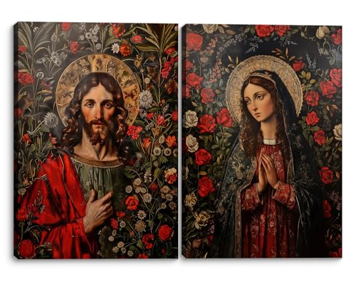 2 Pcs Framed Red Canvas Wall Art Virgin Mary Jesus Christian Decor 12x16 in 12x16 inch