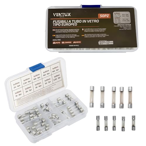 Glass Fuse Glass Quick Strike Set Car 50 Pieces - Car Fuses Assortment | 5x20mm 6x30mm Fuse Box | Fuse Set for Car Motorcycle Camper | Hard shell box PP05 · 10 labeled compartments · 123 × 60 × 22 mm · glass body · metal clamps · RoHS compliant