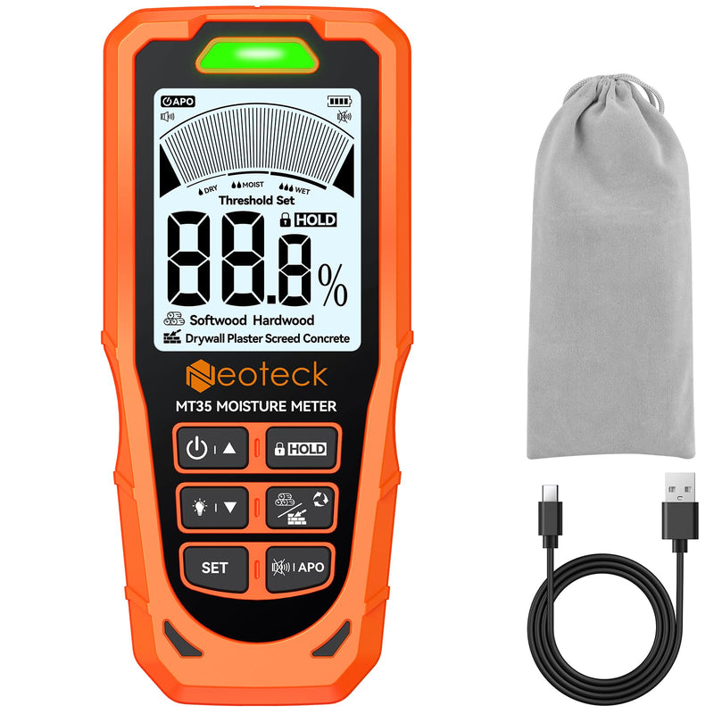 Neoteck 6 in 1 Pinless Moisture Meter 19mm Digital Moisture Detector ±2% Accuracy Wood Moisture Reader with Audible &Visual Alarm and 2.9inch LCD Display for Wood Wall Concrete Drywall Plaster Screed