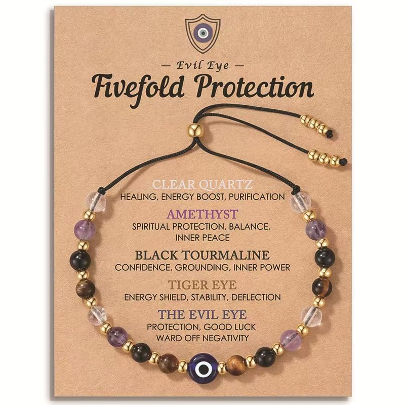 Evil Eye Bracelet - Natural Crystal Protection Bracelet -5 Healing Stones