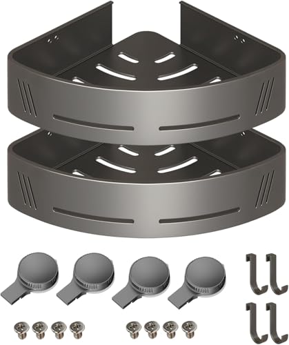 Two grey PHX Grove triangular corner shower caddies with suction cups and hooks for bathroom storage, shown in a shower setting.
